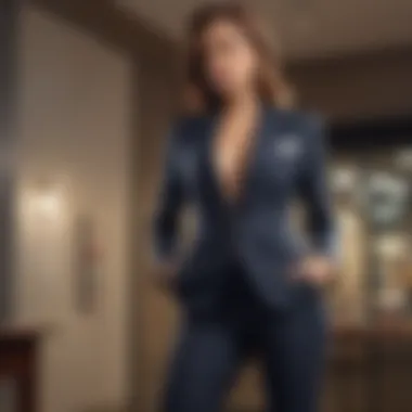 Accessorized pant-suit enhancing the overall style.