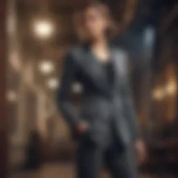 Elegant evening attire showcasing a tailored pant-suit ensemble.