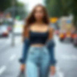 Trendy crop top paired with high-waisted jeans