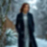 Elegant long coat in winter setting with snow
