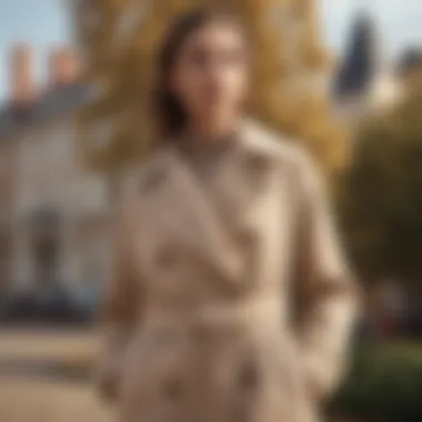 Beige coat displayed in a seasonal outdoor setting
