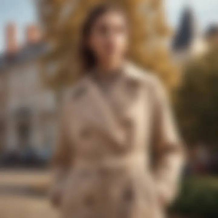 Beige coat displayed in a seasonal outdoor setting