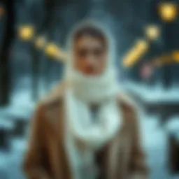 Elegant white scarf draped over a stylish coat in a winter setting