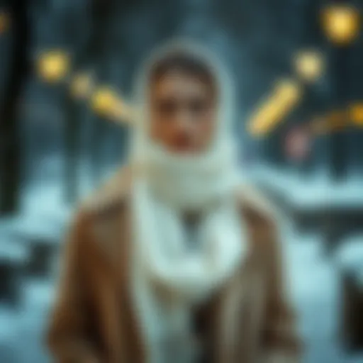 Elegant white scarf draped over a stylish coat in a winter setting
