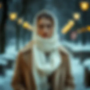 The Essence of Elegance: White Scarf and Winter Fashion Elegant white scarf draped over a stylish coat in a winter setting