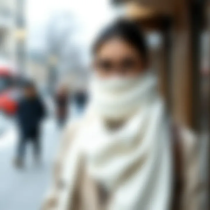 A fashionable pairing of a white scarf with bold winter attire