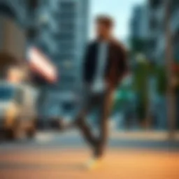 Stylish elastic cuff pants showcased in an urban environment