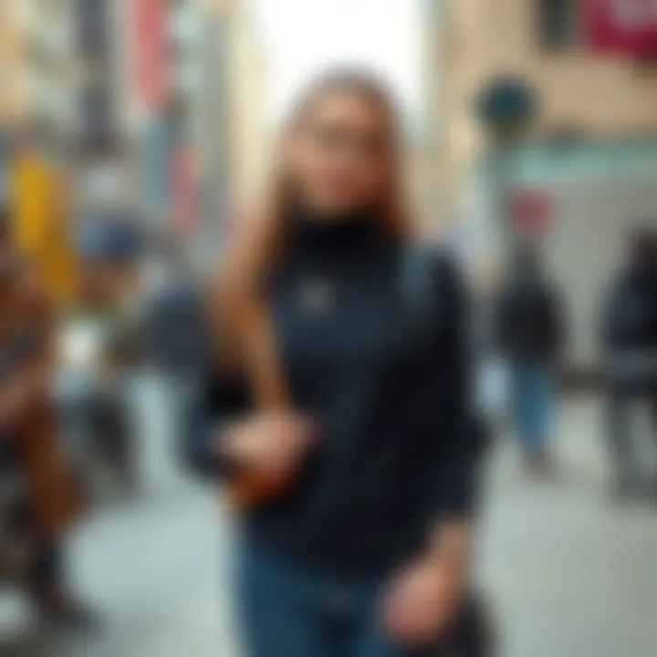 Fashionable layering of a black round neck sweater with accessories