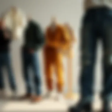 Different styles of boyfriend trousers arranged artistically