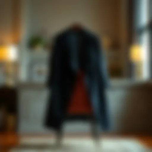 A stylish plus-size coat draped elegantly over a chair, showcasing its luxurious fabric