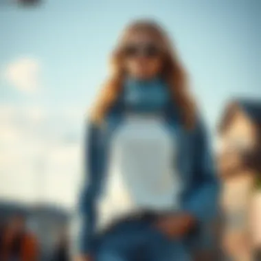 Fashionable layered outfit featuring ice blue jeans