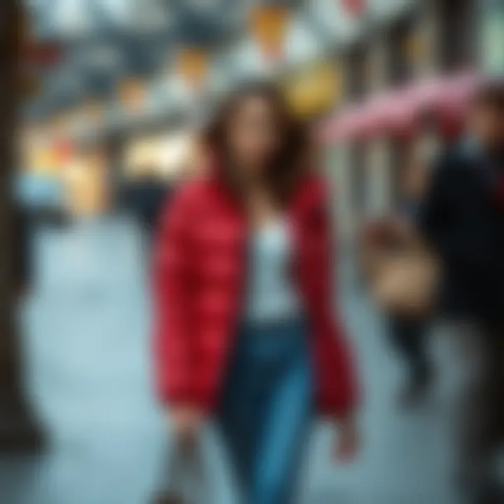 Casual outfit featuring a red puffer jacket paired with denim