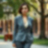 Elegant woman wearing a tailored suit in a serene outdoor setting