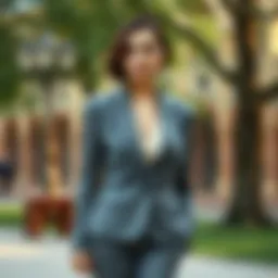 Elegant woman wearing a tailored suit in a serene outdoor setting