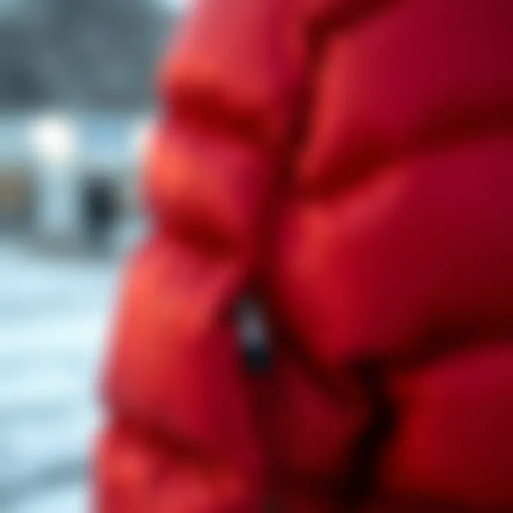 Close-up of the texture and design details of a red puffer jacket