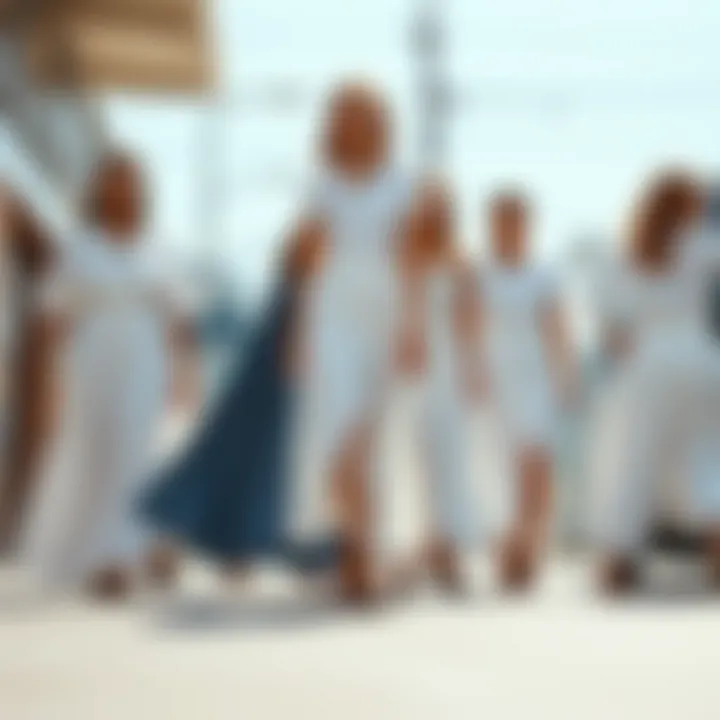 A collection of long white denim skirts in various styles and fits