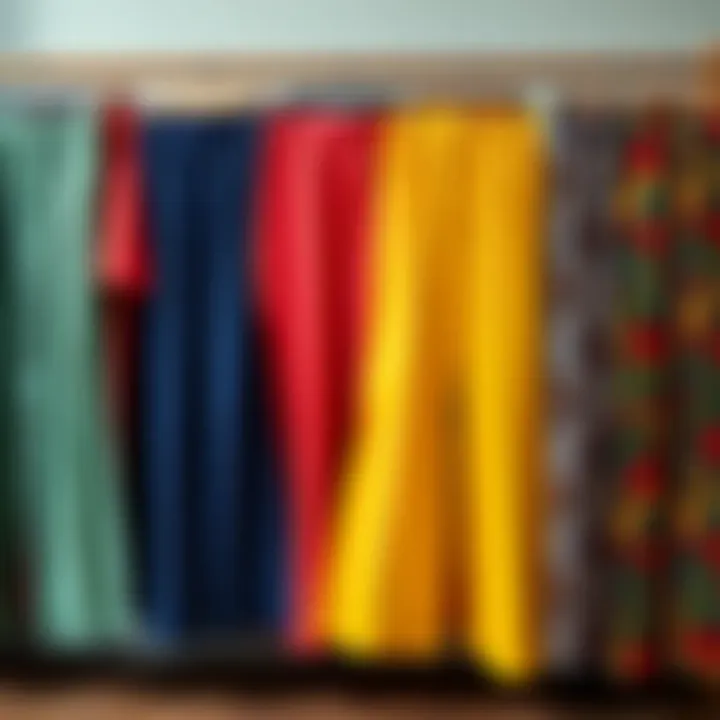 Diverse Fabric Choices for Colorful Wide-Leg Trousers Various fabric options for colorful wide-leg trousers displayed