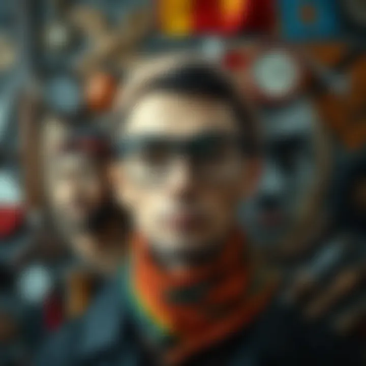 Cultural Influence of Eyewear on Identity Artistic portrayal of an avatar surrounded by cultural symbols highlighting the impact of eyewear on identity.