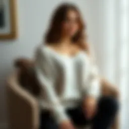 Elegant low-shoulder sweater draped on a stylish chair