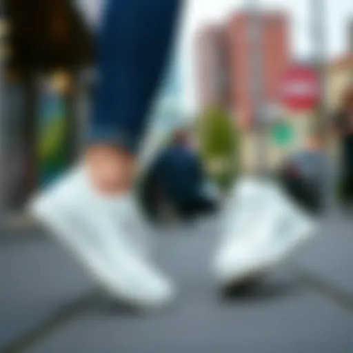 Stylish flat white footwear showcased in a trendy urban setting