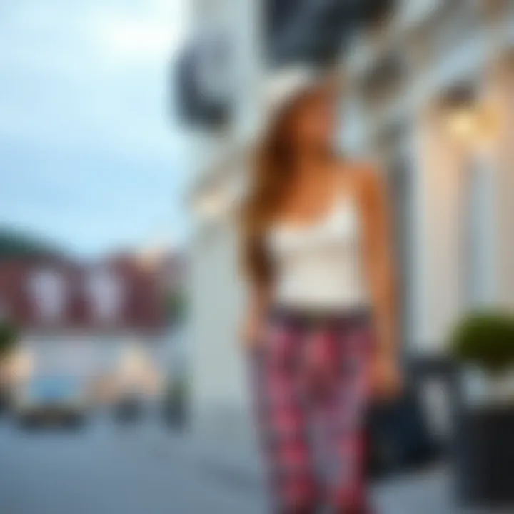 Trendy summer outfit with plaid trousers and a light top