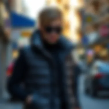 Fashionable puffer vest in urban setting