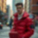 Fashionable red puffer jacket showcased against an urban backdrop
