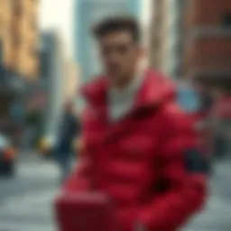 Fashionable red puffer jacket showcased against an urban backdrop