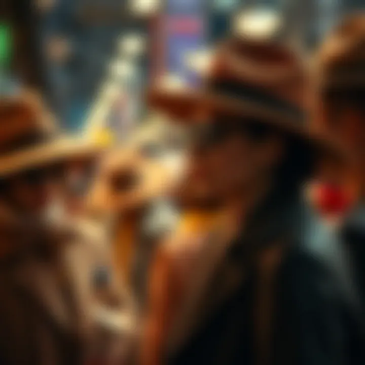 A fashionable scene with individuals wearing designer hats