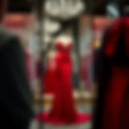 Elegant long red dress on a mannequin in a boutique