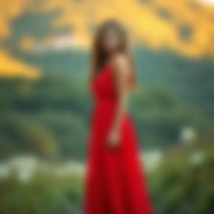 The Statement Piece: Long Red Dress in Nature Model showcasing a long red dress in an outdoor setting