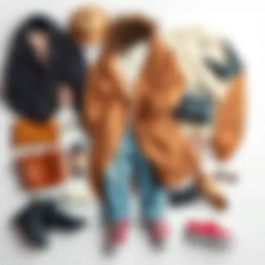 A flat lay of various oversized clothing items with accessories