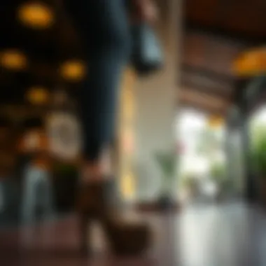 Fashionable Individual at Café with Platform Shoes A fashionable individual wearing high platform shoes at a trendy café