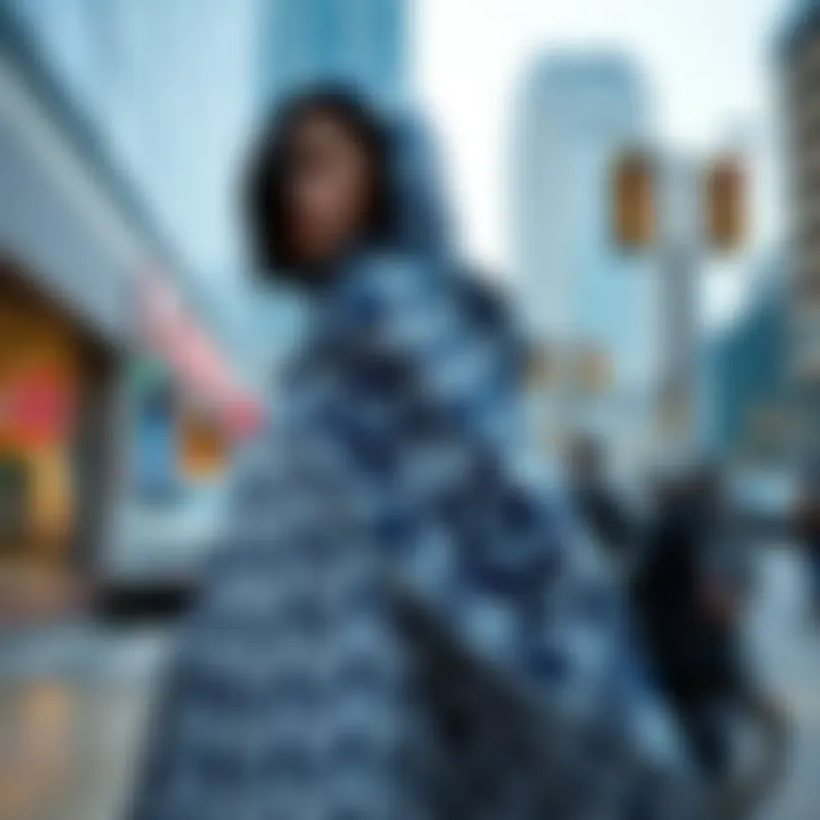 A contemporary indigo ferace displayed in a modern urban setting