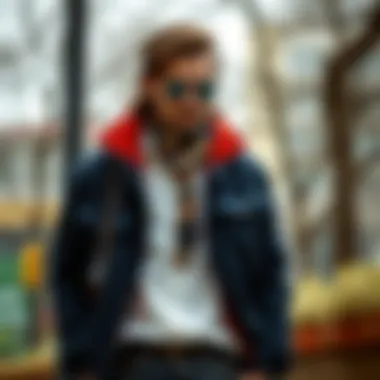 An indigo jacket styled with various accessories, illustrating combination ideas.