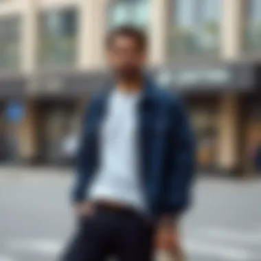 A model wearing an indigo jacket paired with casual attire, demonstrating versatility.