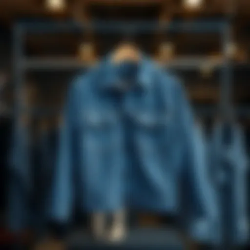 A stylish indigo jacket displayed on a hanger, showcasing its texture and color.