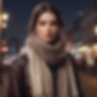 Chic Ensemble with a Focal Accessory A chic ensemble featuring a scarf as a focal accessory, blending functionality with fashion.
