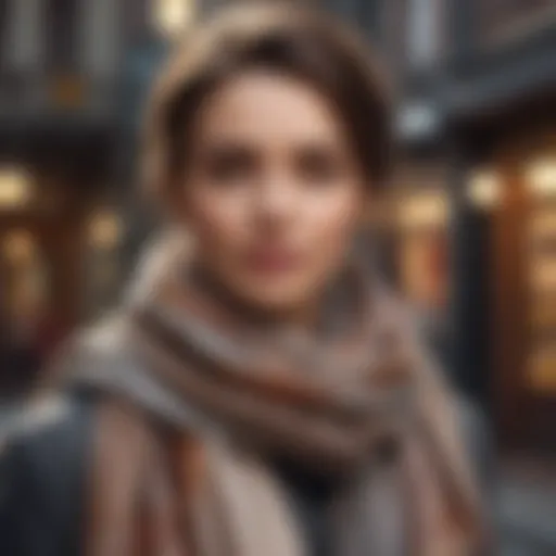 A fashionable woman elegantly draped in a stylish scarf, showcasing versatility.