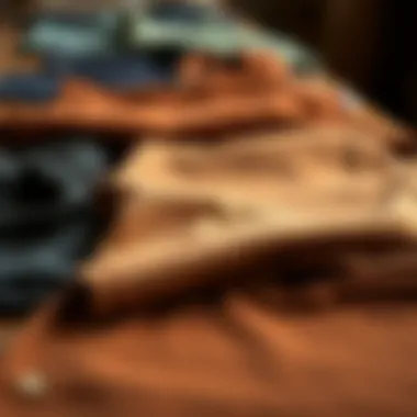 Different fabric textures for brown t-shirts displayed on a table