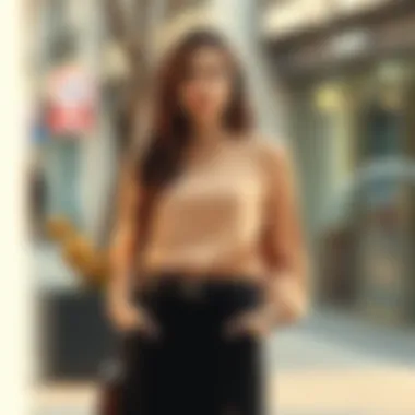 Trendy outfit showcasing a boat neck blouse with a skirt