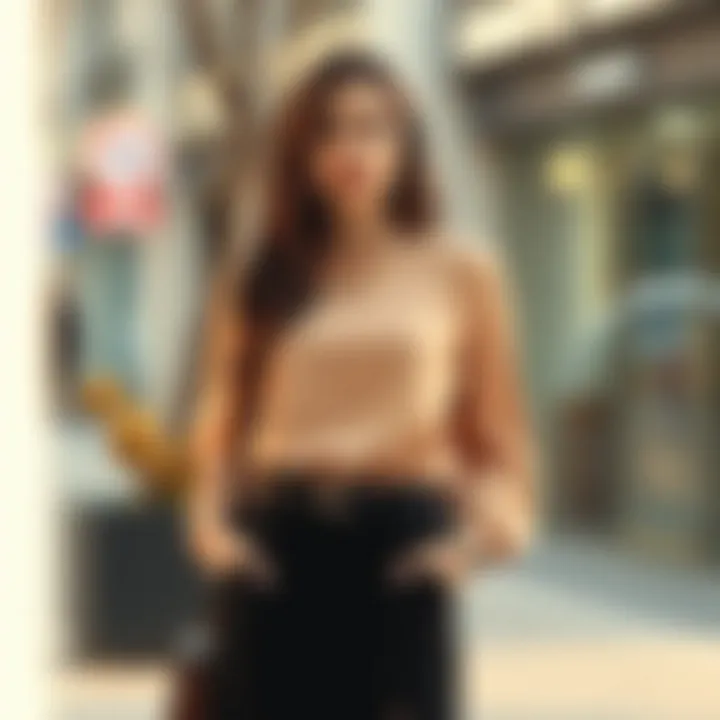 Trendy outfit showcasing a boat neck blouse with a skirt