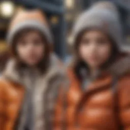 Stylish children wearing down jackets in winter