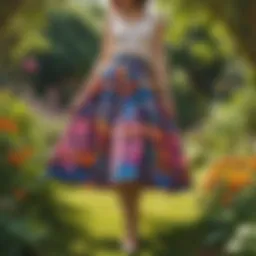 A vibrant butterfly-patterned skirt displayed in a sunlit garden