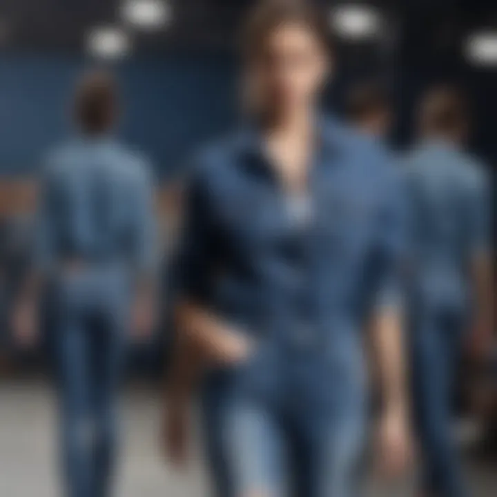 A fashion runway featuring models in diverse denim ensembles