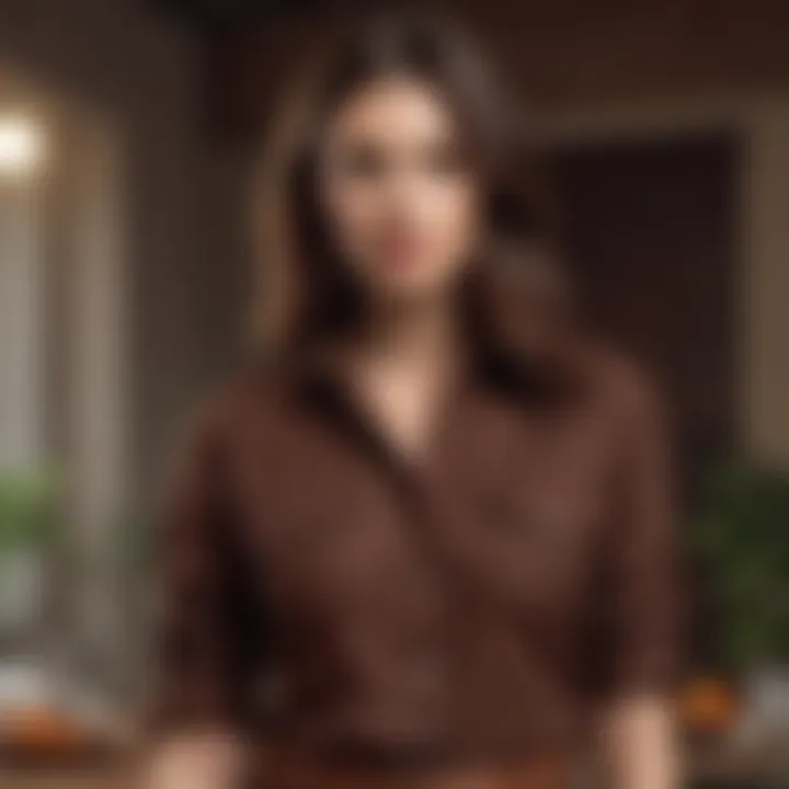 Seasonal outfit showcasing dark brown shirt in a cozy setting