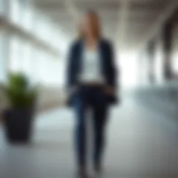 Sophisticated outfit showcasing navy fabric trousers with a tailored blazer