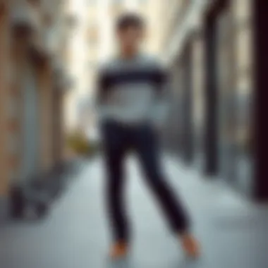 Casual look featuring navy trousers paired with a stylish sweater