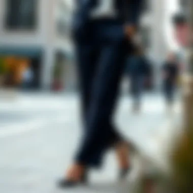 Chic ensemble of navy fabric pants complemented by elegant accessories