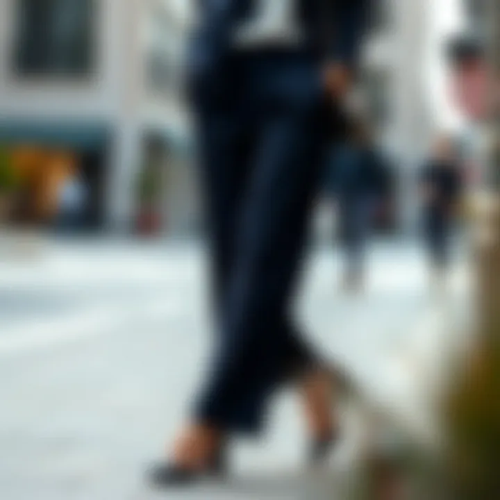 Chic ensemble of navy fabric pants complemented by elegant accessories